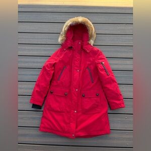 Pendleton Bachelor Western Cut Down Fur Hooded Parka Jacket Red Womens L